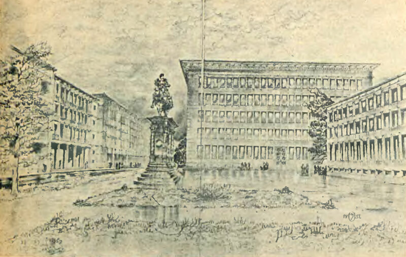 Wizualizacja projektu budynku przy ul. Wspólnej 62 w Warszawie opublikowana na łamach dwutygodnika Stolica w 1951 roku (nr 3 (218)).
